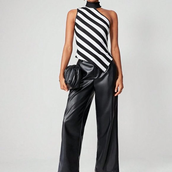 . Tops - Black Preppy Womens Striped Print Asymmetrical Neck Hanky Hem Tank Top